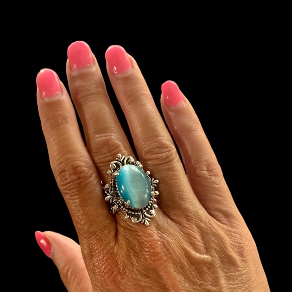 Jewelry - Ocean Blue Cat’s Eye Silver Plated Statement Fashion Ring Size 7